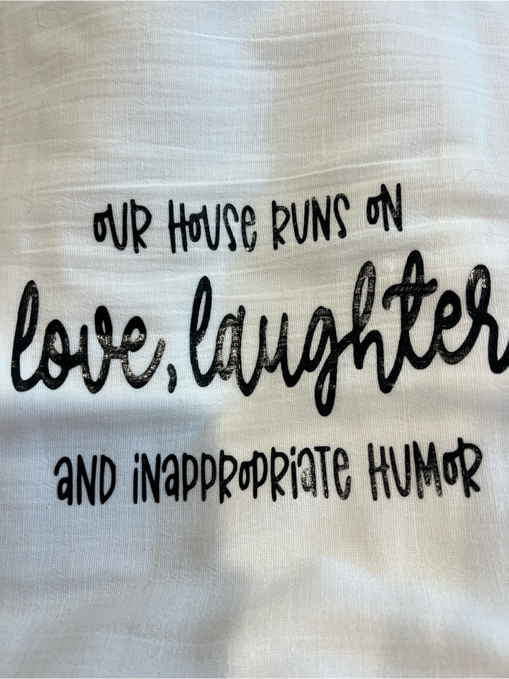 White Kitchen Towel with Black Script